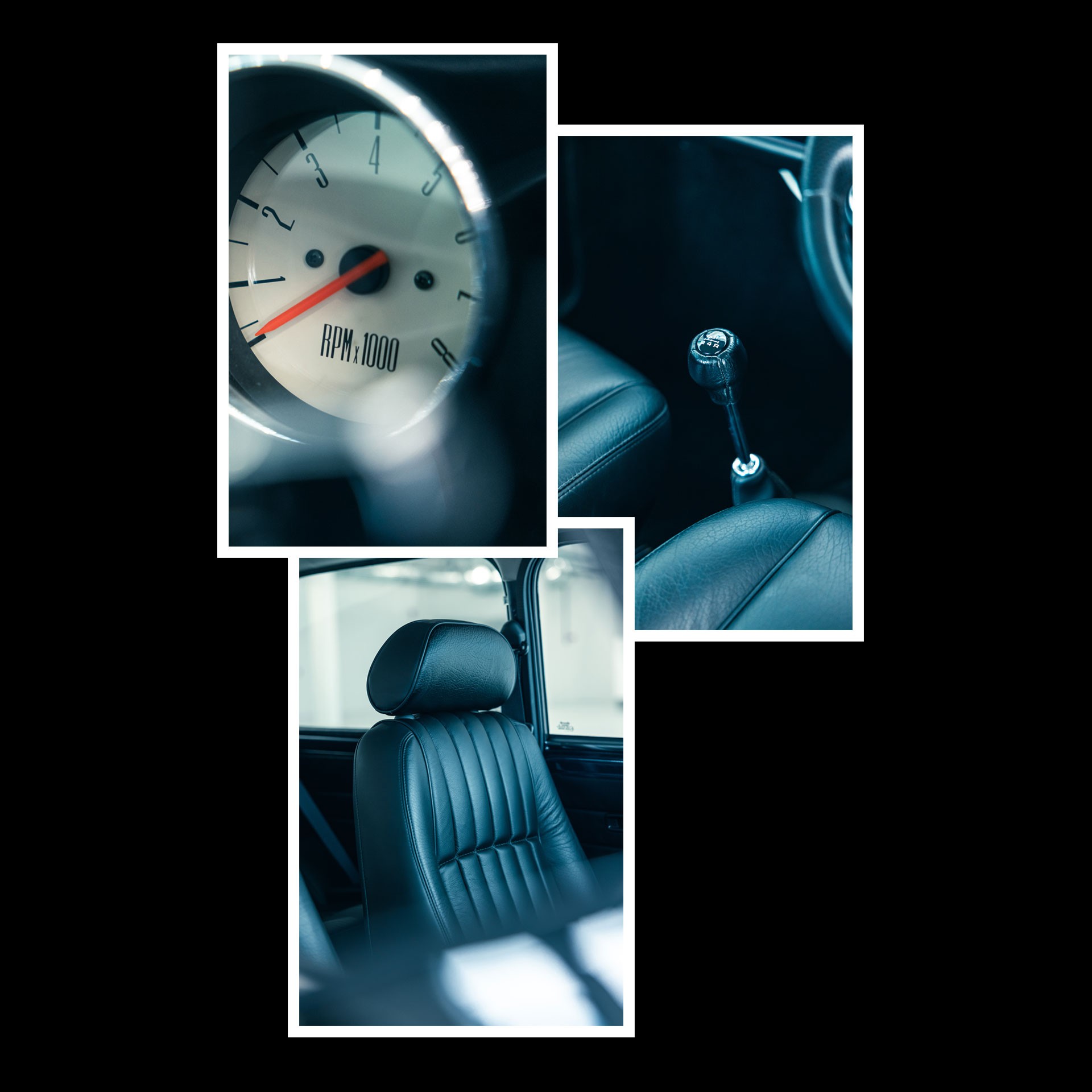 Close-up of the tachometre on the dashboard of the MINI Cooper Spider by Kate Moss. Close-up of the transmission of the MINI Cooper Spider by Kate Moss. Photo of the seat of the MINI Cooper Spider by Kate Moss.